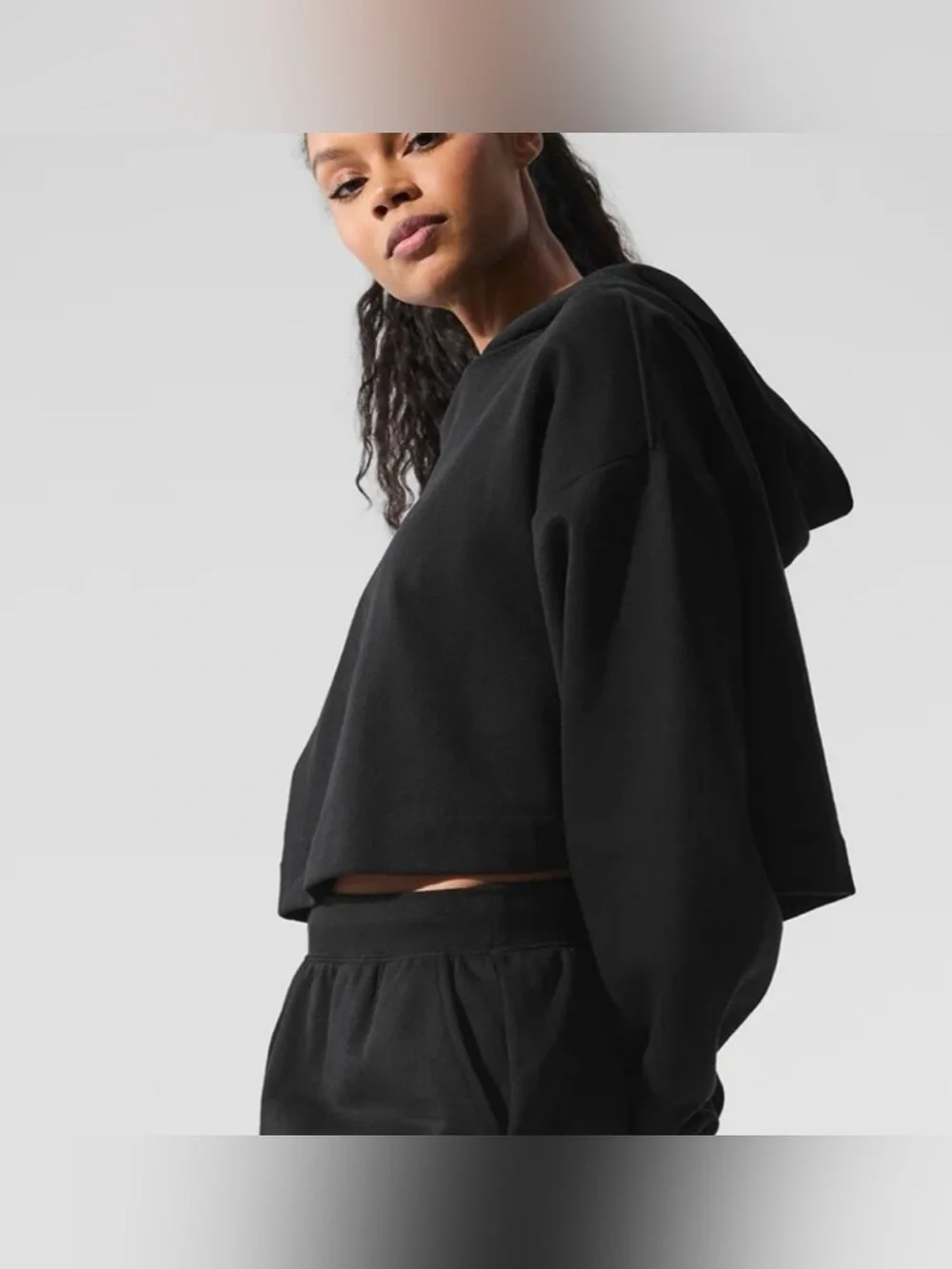 NWT Alo Yoga Bae Hoodie Pullover Sweatshirt Top Cropped Fleece Black Sz XS